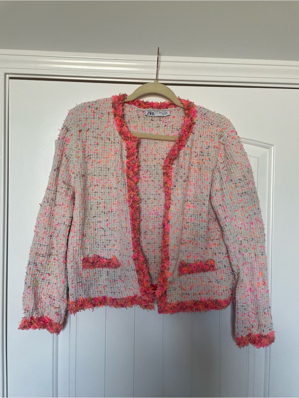 Zara Pink Tweed Open-Front Jacket with Coral Trim